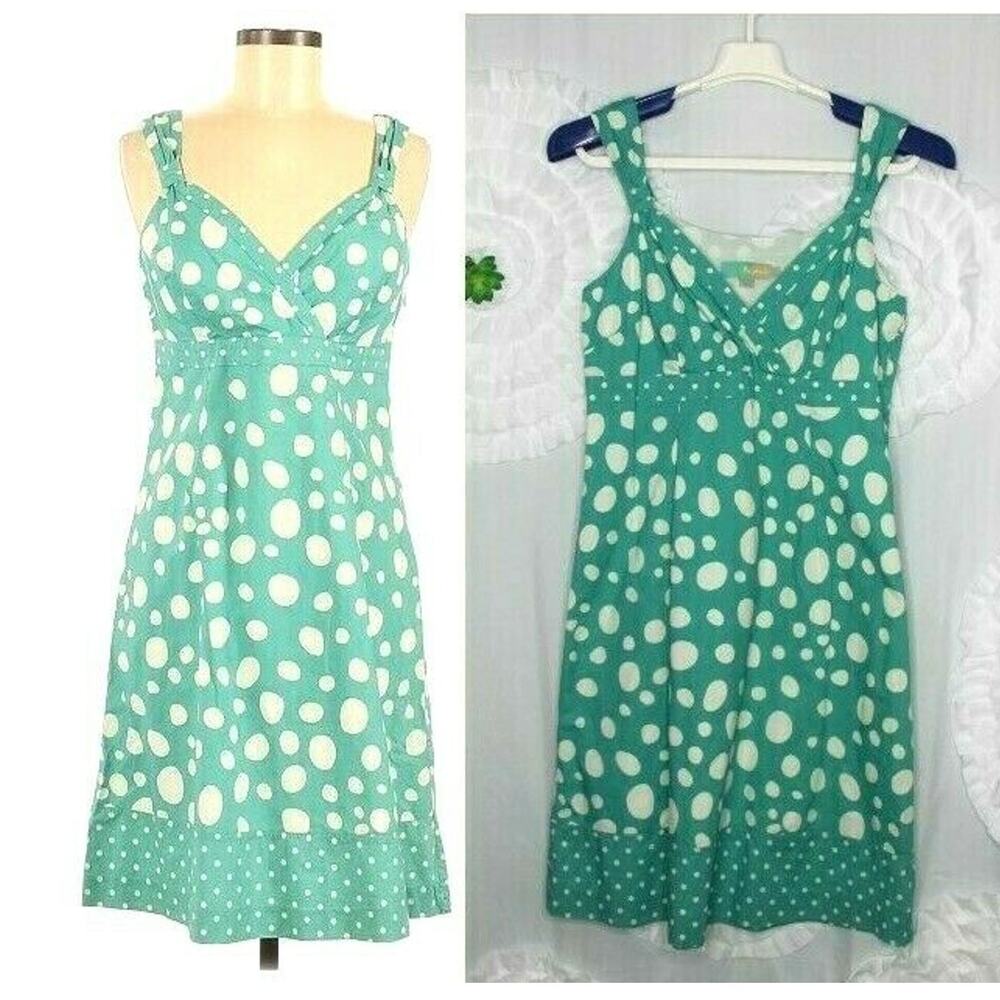 Boden Dress Size 8 Aqua Green White Pebble Weekend Polka Dot Sleeveless Cotton